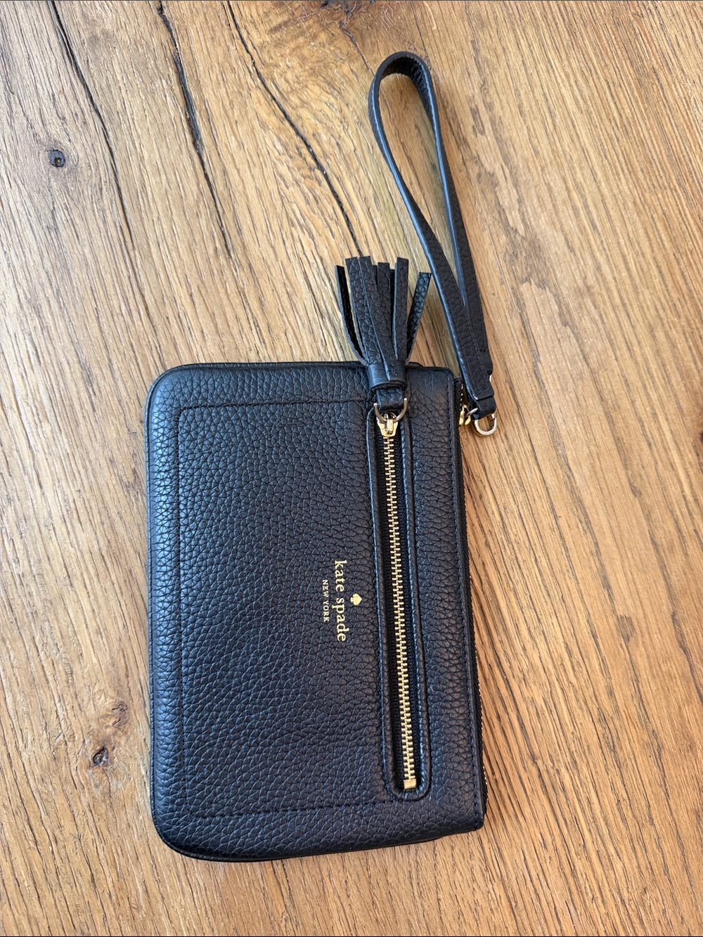kate spade Black Pebbled Leather Wristlet with Gold Zip